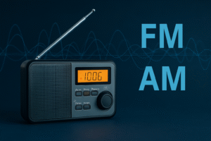 একটি ডিজিটাল রেডিও সেট যেখানে FM ও AM তরঙ্গ প্রদর্শিত হচ্ছে, আধুনিক প্রযুক্তি ও রেডিও যোগাযোগের প্রতীক