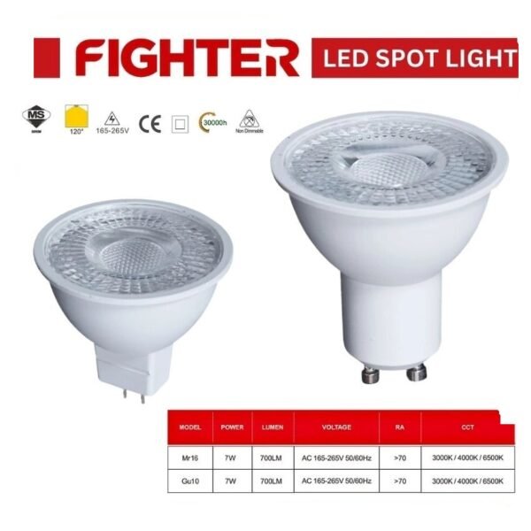 FIGHTER MR16 7W LED Spot Bulb – 3000K Warm White (AC 165-265V | SIRIM Certified)