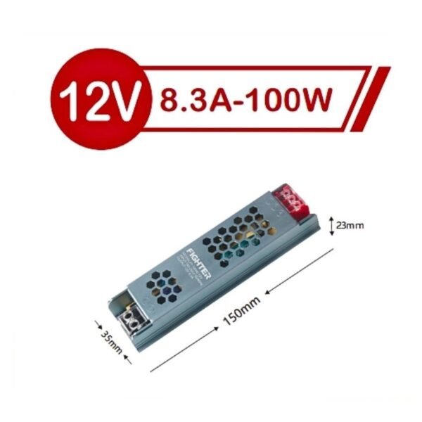 FIGHTER 12V 8.3A 100W Slim Weatherproof LED Power Supply – Metal Casing | AC-DC Adapter
