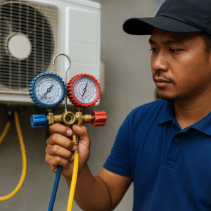 Professional R32 Refrigerant Gas Top Up Service Aircond Gas Refill Electrical Plumbing Shabab Al Sharif Sumon Electrical Subang Jaya USJ 14 Selangor