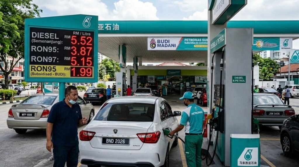 A realistic photograph capturing a fuel attendant in a Petronas uniform refueling a white Proton Saga car (plate BND 2026) at a busy Malaysian petrol station. A prominent digital price board displays fuel prices including Diesel at RM 5.52 and subsidized RON95 at RM 1.99, alongside a 'BUDI MADANI' sign.
