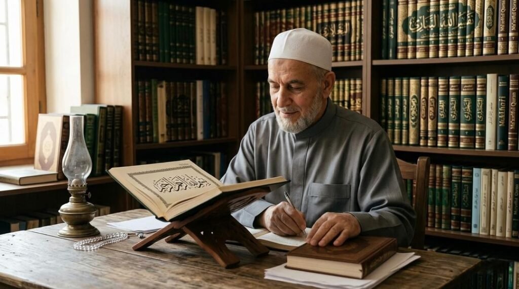 একটি সুন্দর কোরআনের স্ট্যাণ্ডে রাখা খোলা আল-কুরআন পাঠ ও কিতাবে গবেষণা করছেন একজন বয়স্ক শাইখ। পেছনের লাইব্রেরিতে ইসলামিক কিতাবে ভরা অনেক আলমারি এবং আলো জ্বালা একটি পুরাতন বাতি।