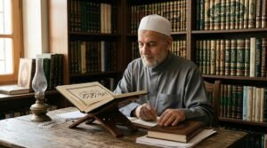 একটি সুন্দর কোরআনের স্ট্যাণ্ডে রাখা খোলা আল-কুরআন পাঠ ও কিতাবে গবেষণা করছেন একজন বয়স্ক শাইখ। পেছনের লাইব্রেরিতে ইসলামিক কিতাবে ভরা অনেক আলমারি এবং আলো জ্বালা একটি পুরাতন বাতি।