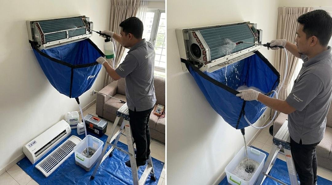 1.5 HP Wall Mounted AC Professional Chemical Cleaning Deep Coil Wash and Drainage Flush Service Shabab Al Sharif Subang Jaya USJ 14 Selangor