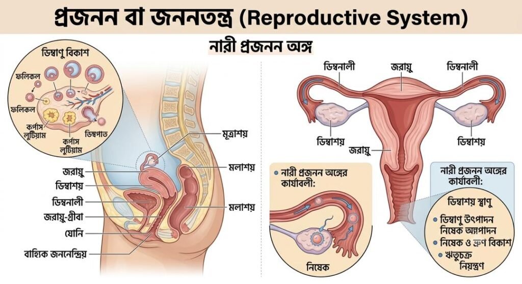 নারী প্রজননতন্ত্রের বিভিন্ন অংশ (জরায়ু, ডিম্বাশয়, ডিম্বনালী), ডিম্বাণু বিকাশের পর্যায় এবং নিষেকের প্রক্রিয়া দেখানো একটি শিক্ষামূলক চিত্র, সব বাংলায় লেবেলযুক্ত।
