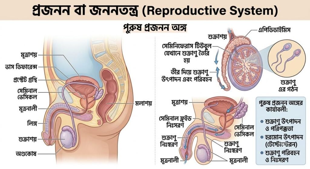 পুরুষ প্রজননতন্ত্রের একটি শিক্ষামূলক ডায়াগ্রাম। ছবির বাম দিকে পেলভিক অঞ্চলের একটি শারীরবৃত্তীয় লম্বচ্ছেদ দেখানো হয়েছে, যা মূত্রাশয়, ভাস ডিফারেন্স, প্রস্টেট গ্রন্থি, সেমিনাল ভেসিকল, মূত্রনালী, লিঙ্গ, এবং শুক্রাশয়কে চিহ্নিত করে। শরীরের রূপরেখায় মলাশয়ও চিহ্নিত আছে। ছবির ডান দিকে আরও বিশদ ডায়াগ্রাম রয়েছে: উপরে সেমিনিফেরাস টিউবুলের ক্রস-সেকশন এবং তীর চিহ্ন দিয়ে শুক্রাণু উৎপাদন ও পরিবহনের পথ, পাশে শুক্রাণুর গঠন দেখানো হয়েছে। মাঝের ডায়াগ্রামে তীর চিহ্নের মাধ্যমে সেমিনাল ফ্লুইড এবং শুক্রাণু নিঃসরণের পথ দেখানো হয়েছে। নীচের ডানদিকের টেক্সট বক্সে "পুরুষ প্রজনন অঙ্গের কার্যাবলী" তালিকাভুক্ত করা হয়েছে: শুক্রাণু উৎপাদন ও পরিপক্কতা, হরমোন উৎপাদন (টেস্টোস্টেরন), এবং শুক্রাণু পরিবহন ও নিঃসরণ। পুরো ছবিটির শীর্ষে বড় অক্ষরে শিরোনাম লেখা আছে: "প্রজনন বা জননতন্ত্র (Reproductive System)" এবং তার নীচে "পুরুষ প্রজনন অঙ্গ"। সমস্ত লেবেল বাংলায় দেওয়া হয়েছে।