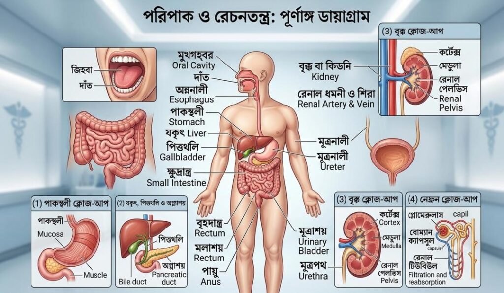 মানুষের পরিপাক ও রেচনতন্ত্রের একটি পূর্ণাঙ্গ এবং বিস্তারিত মেডিকেল ডায়াগ্রাম, যেখানে একটি কেন্দ্রীয় চিত্রের পাশাপাশি পাকস্থলী, যকৃৎ, পিত্তথলি, অগ্ন্যাশয়, বৃক্ক এবং নেফ্রনের ক্লোজ-আপ ইনসেট বক্স রয়েছে। সমস্ত প্রধান অঙ্গ ও অংশের নাম বাংলা ও ইংরেজিতে স্পষ্ট লেবেল করা আছে।