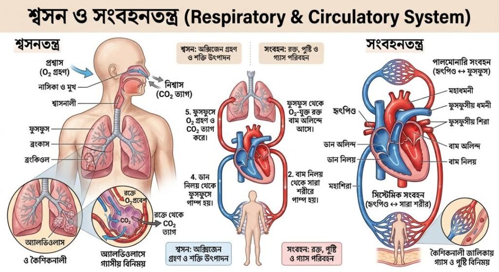 একটি শিক্ষামূলক ডায়াগ্রাম যা মানবদেহের শ্বসন ও সংবহনতন্ত্রের অংশগুলি এবং তাদের আন্তঃসম্পর্ক বাংলায় লেবেল সহ প্রদর্শন করে। এতে ফুসফুস, হৃৎপিণ্ড, অ্যালভিওলাস, এবং রক্ত সঞ্চালন প্রক্রিয়া দেখানো হয়েছে।