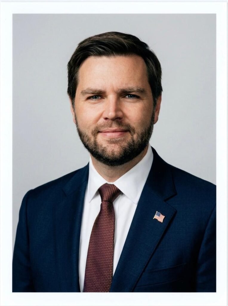 Official passport-style portrait of Vice President JD Vance wearing a dark blue suit, white shirt, patterned tie, and an American flag lapel pin.