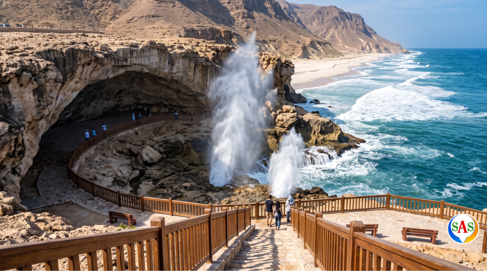A stunning landscape view of Marneef Cave, Mughsail Blowholes, and Mughsail Beach near Salalah, Oman, showing powerful ocean geysers and a wooden walkway for tourists.
