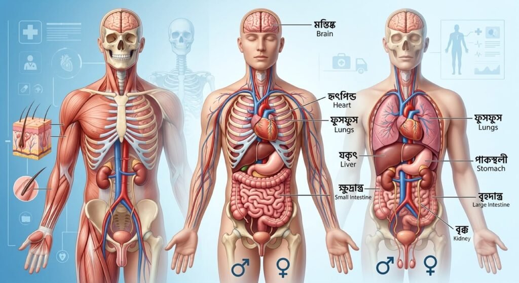 একটি মেডিক্যাল ডায়াগ্রামের স্ক্রিনশট, যেখানে তিনটি পূর্ণ-শরীরের ছবি পাশাপাশি রেখে মানবদেহের বিভিন্ন তন্ত্রের রূপরেখা দেওয়া হয়েছে। বাম দিকের ছবিতে পেশী এবং কঙ্কাল তন্ত্র দেখানো হয়েছে। মাঝের এবং ডান দিকের ছবিতে অভ্যন্তরীণ অঙ্গ এবং কার্ডিওভাসকুলার তন্ত্র দেখানো হয়েছে, মাঝেরটিতে পুংলিঙ্গ এবং ডানদিকেরটিতে স্ত্রীলিঙ্গ দেখানো হয়েছে। ছবিতে বাংলা ও ইংরেজিতে বেশ কয়েকটি অঙ্গের নাম লেবেল করা আছে, যেমন মস্তিষ্ক (Brain), হৃৎপিণ্ড (Heart), ফুসফুস (Lungs), যকৃৎ (Liver), পাকস্থলী (Stomach), ক্ষুদ্রান্ত্র (Small Intestine), বৃহদান্ত্র (Large Intestine) এবং বৃক্ক (Kidney)। ছবির বাম দিকে ত্বকের একটি ক্রস-সেকশন দেখানো হয়েছে এবং ব্যাকগ্রাউন্ডে অন্যান্য মেডিক্যাল আইকন আছে।