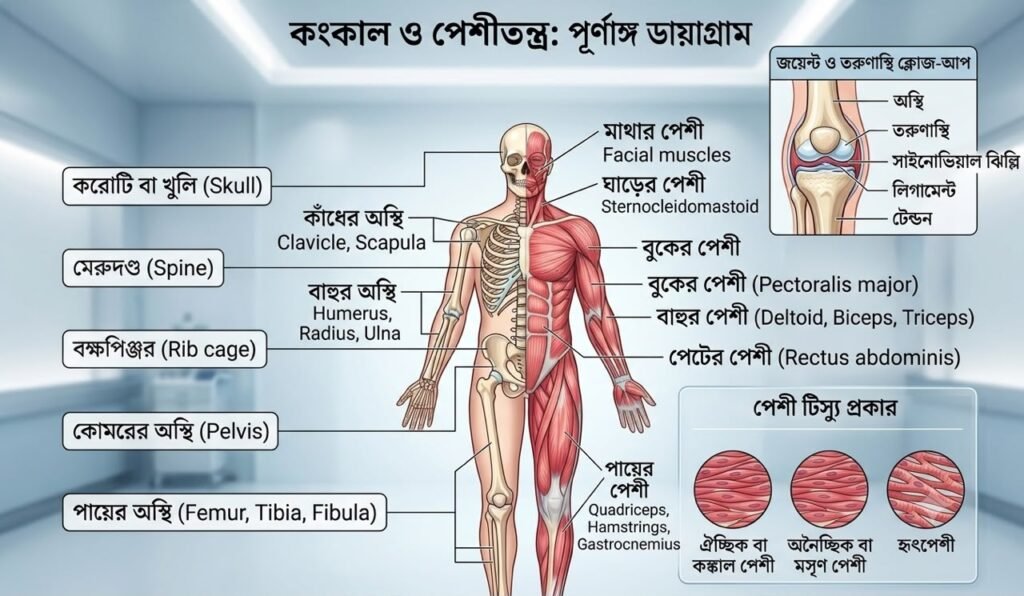 মানুষের কঙ্কাল ও পেশীতন্ত্রের একটি দ্বৈত ডায়াগ্রাম, যেখানে প্রধান অস্থি ও পেশীগুলির নাম বাংলা ও ইংরেজিতে লেবেল করা আছে। এতে হাঁটুর জয়েন্ট এবং তিন ধরণের পেশী টিস্যুর বিস্তারিত ক্লোজ-আপ ইনসেট বক্স রয়েছে।