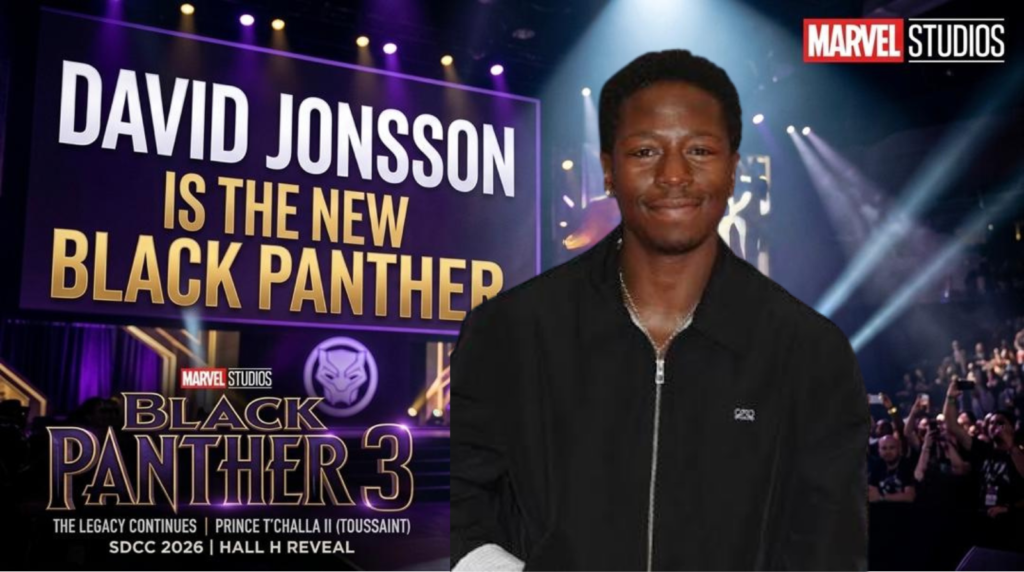 David Jonsson officially announced as the new Black Panther in Black Panther 3 on stage at Marvel Studios SDCC Hall H.