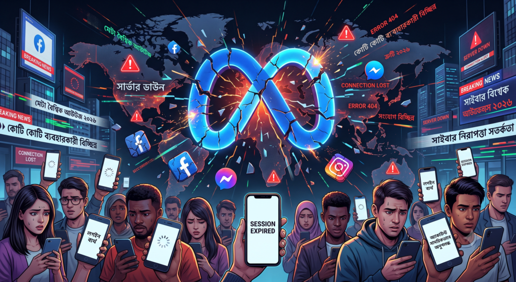 A smartphone screen displaying the Facebook login status error text during the Meta global outage 2026 with blurred network lines.