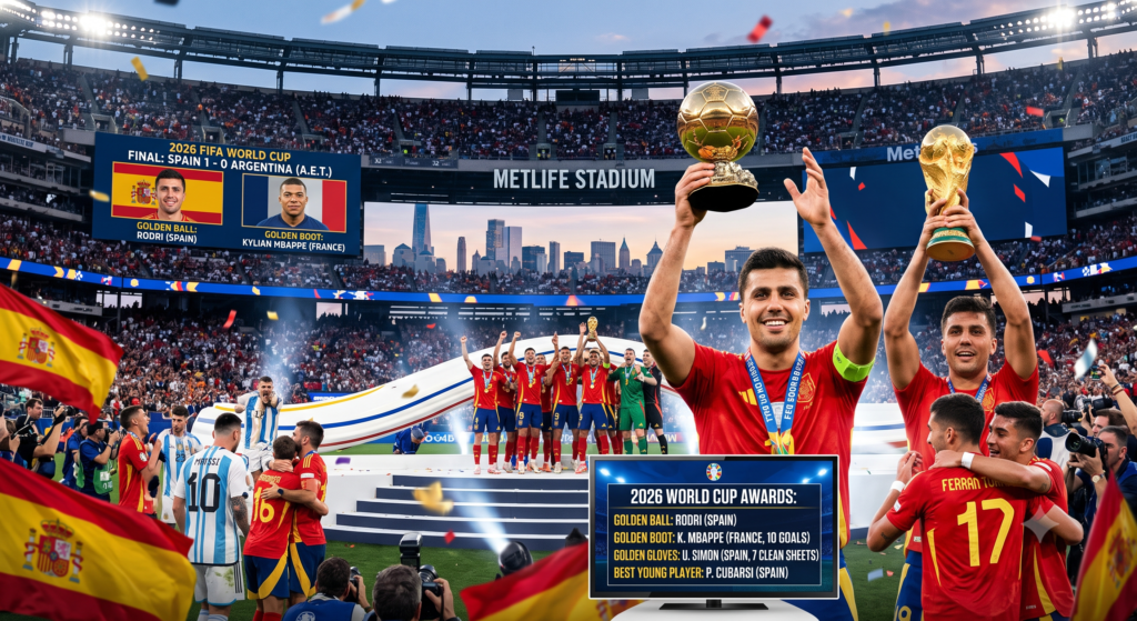Spanish forward Ferran Torres celebrating the winning goal with teammate Nico Williams during the post-match celebrations of the FIFA World Cup 2026 final against Argentina.
