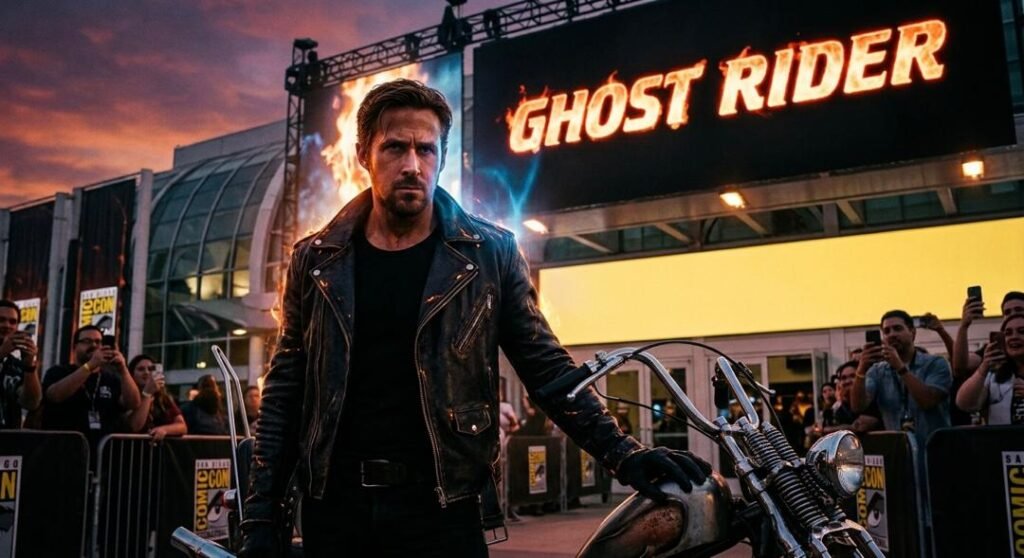 Ryan Gosling as Ghost Rider in a black leather jacket with a vintage motorcycle at a San Diego Comic-Con event, with a "GHOST RIDER" sign in the background.