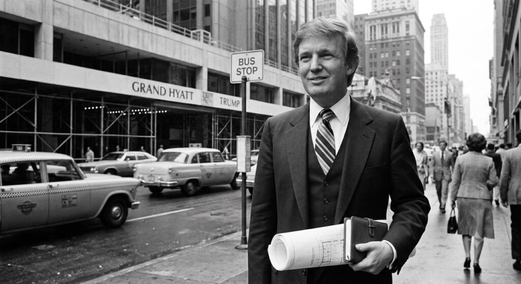A young Donald Trump in a business suit holding blueprints and walking on a busy New York City street, featuring the Grand Hyatt Trump hotel under renovation in the background.