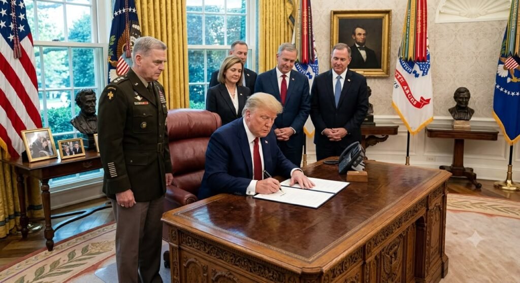 Donald Trump, as President of the United States, signing an official document at the Resolute Desk in the Oval Office, with the American flag and people in the background.