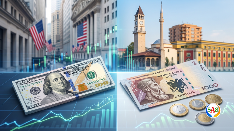 Pamje krahasuese e kartëmonedhës 100 dollarë amerikanë dhe monedhave e kartëmonedhave lek shqiptar mbi një sfond grafikash financiare.